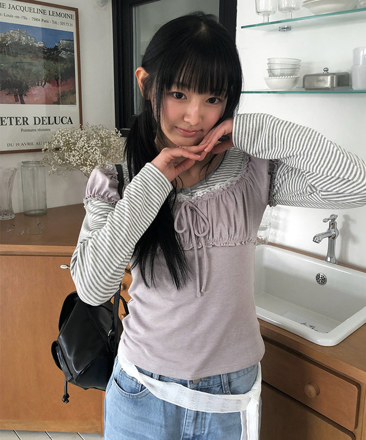 シャーリングレースリボン半袖Tシャツ PURPLE