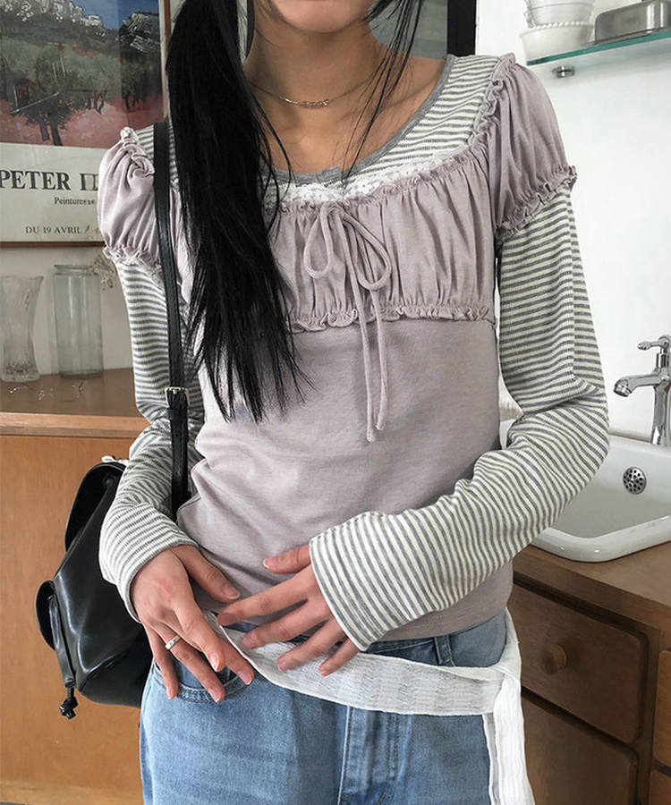 シャーリングレースリボン半袖Tシャツ PURPLE