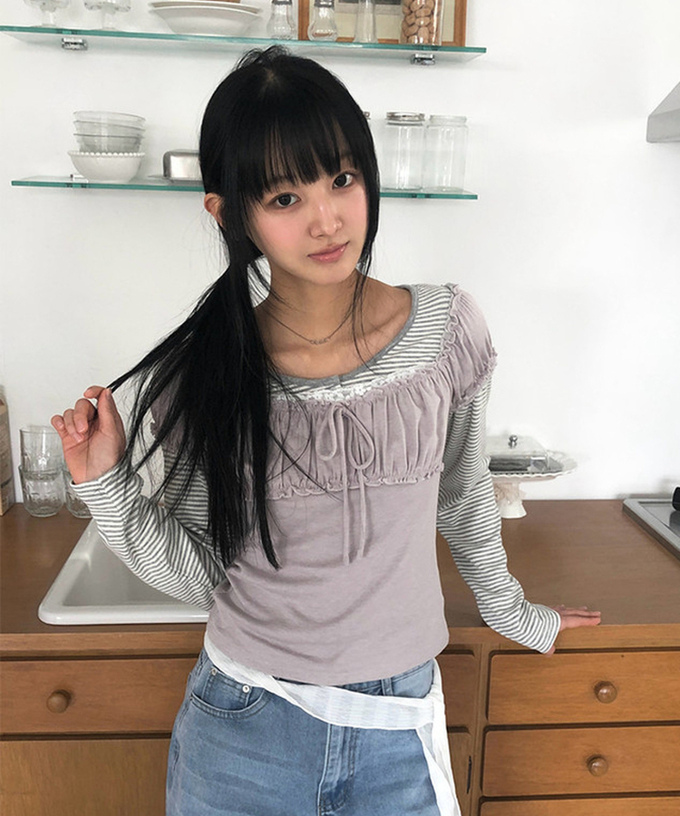 シャーリングレースリボン半袖Tシャツ PURPLE