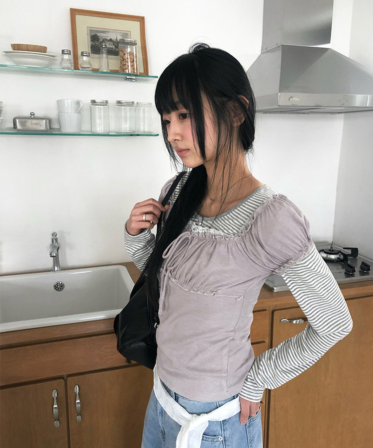 シャーリングレースリボン半袖Tシャツ PURPLE