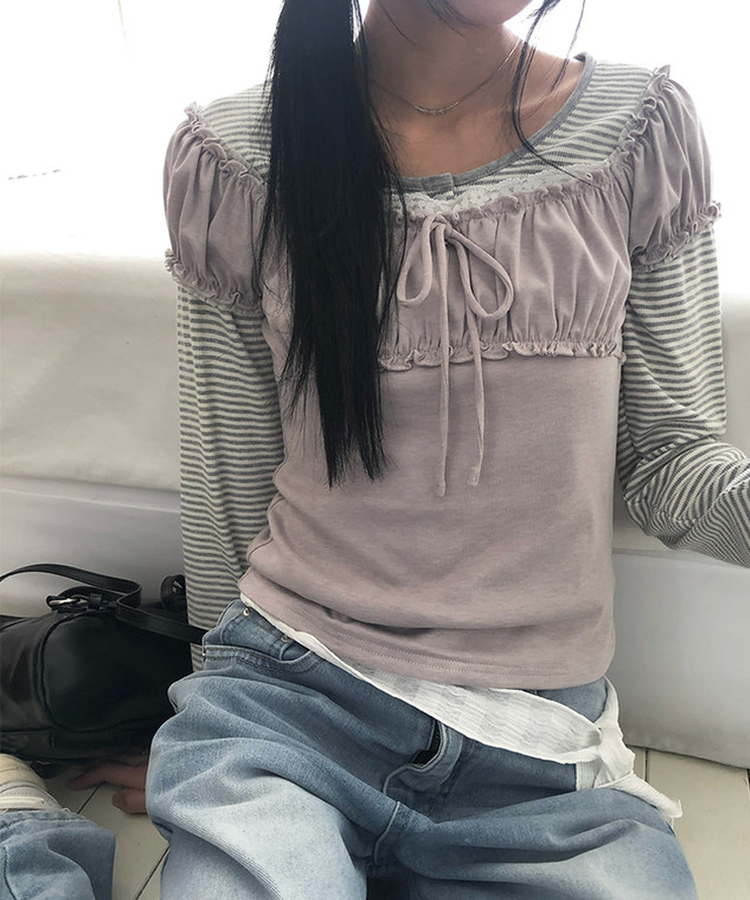 シャーリングレースリボン半袖Tシャツ PURPLE