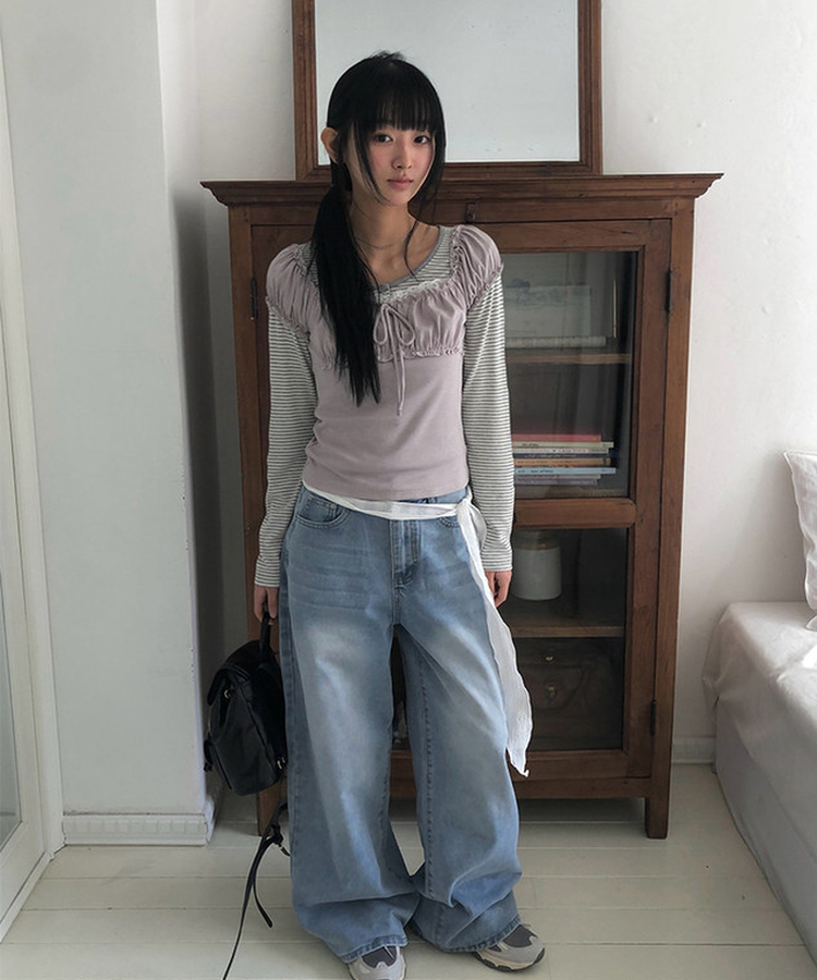 シャーリングレースリボン半袖Tシャツ PURPLE