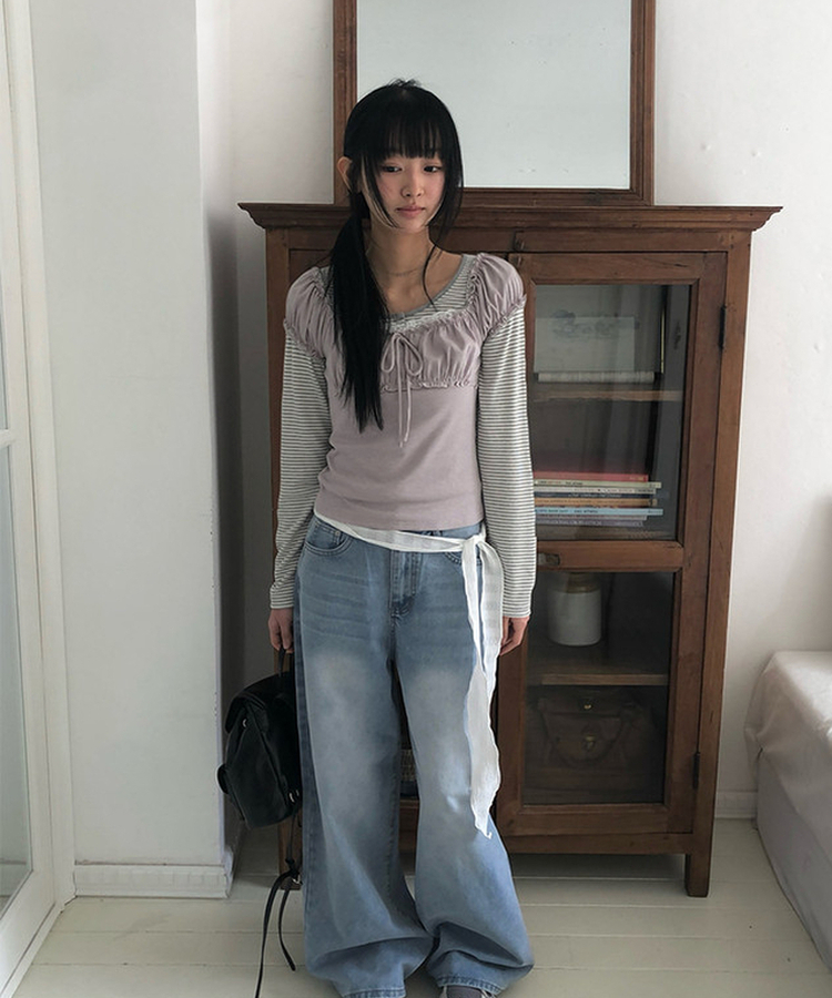 シャーリングレースリボン半袖Tシャツ PURPLE