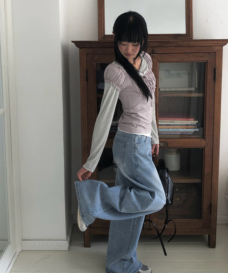 シャーリングレースリボン半袖Tシャツ PURPLE