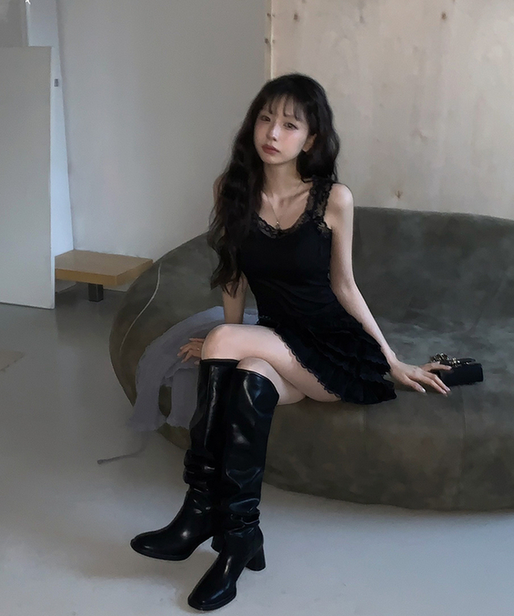 【カップ付き】ガーリーレースキャミソール BLACK