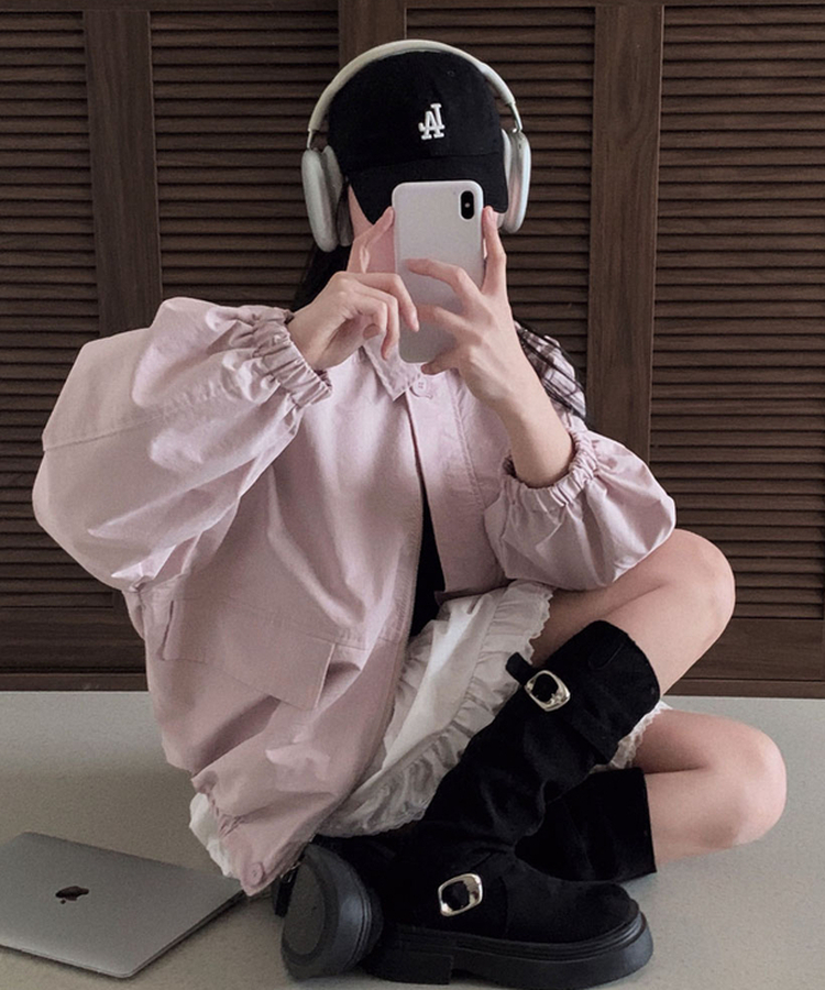 사랑스러운 색감설레임 카라 루즈핏 원버튼 세미크롭 자켓 야상 점퍼 핑크