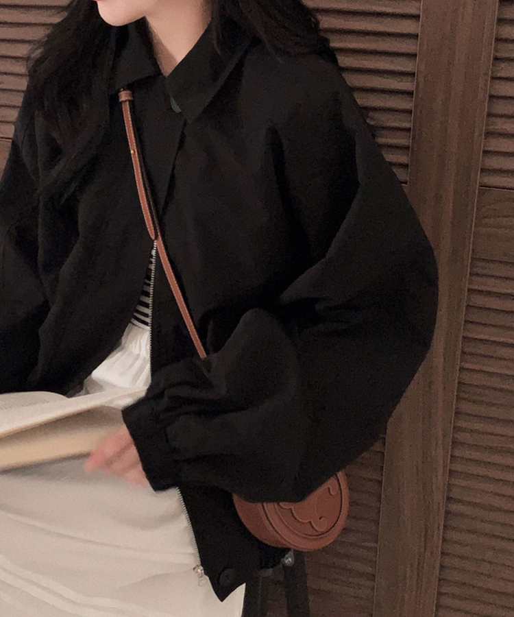 사랑스러운 색감설레임 카라 루즈핏 원버튼 세미크롭 자켓 야상 점퍼 블랙