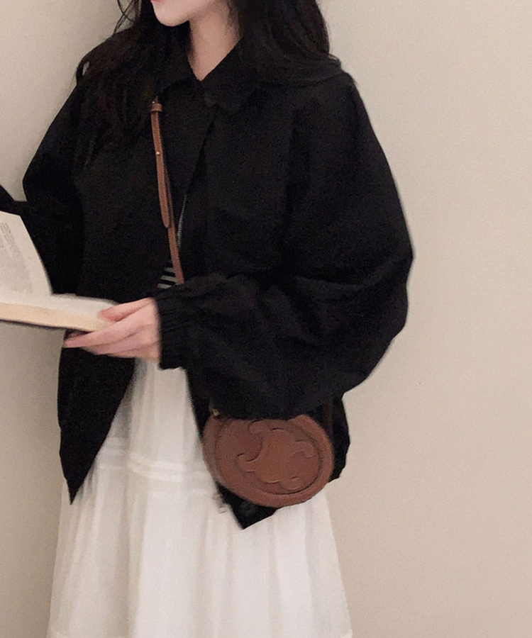 사랑스러운 색감설레임 카라 루즈핏 원버튼 세미크롭 자켓 야상 점퍼 블랙