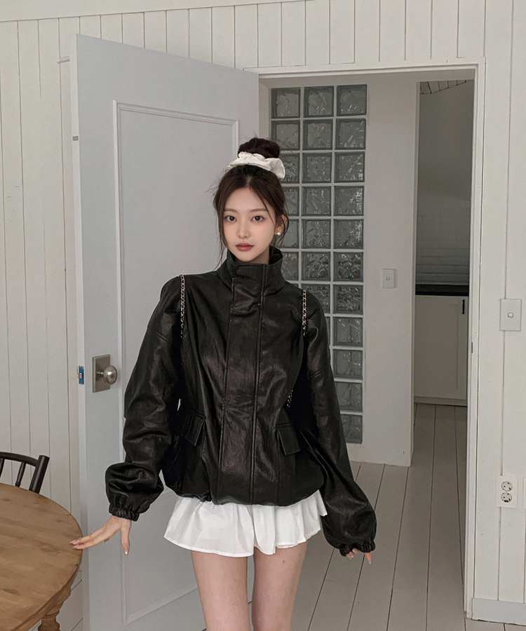 ハイネックレザージャケット PEARL BLACK