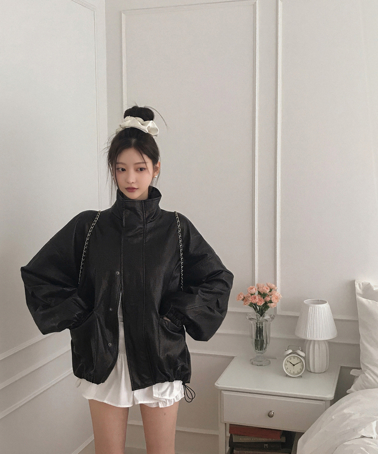 ハイネックレザージャケット PEARL BLACK