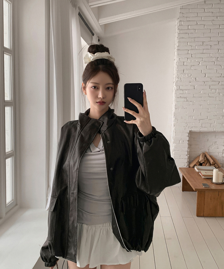 ハイネックレザージャケット PEARL BLACK