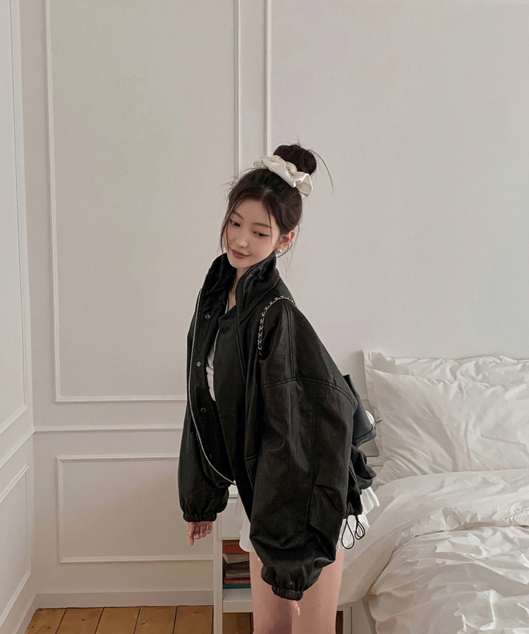 ハイネックレザージャケット PEARL BLACK