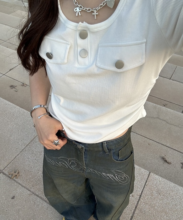 リブヘンリーネッククロップドトップス WHITE