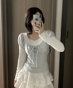 【SET】リボンレイヤード半袖ニットTシャツ GREY