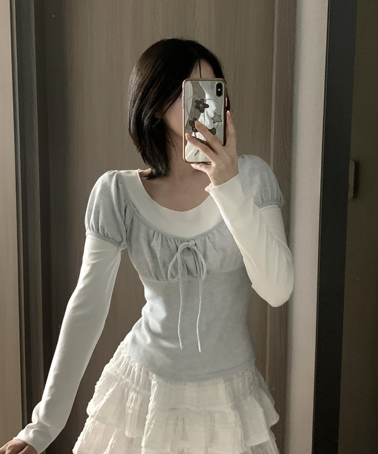 【SET】リボンレイヤード半袖ニットTシャツ GREY