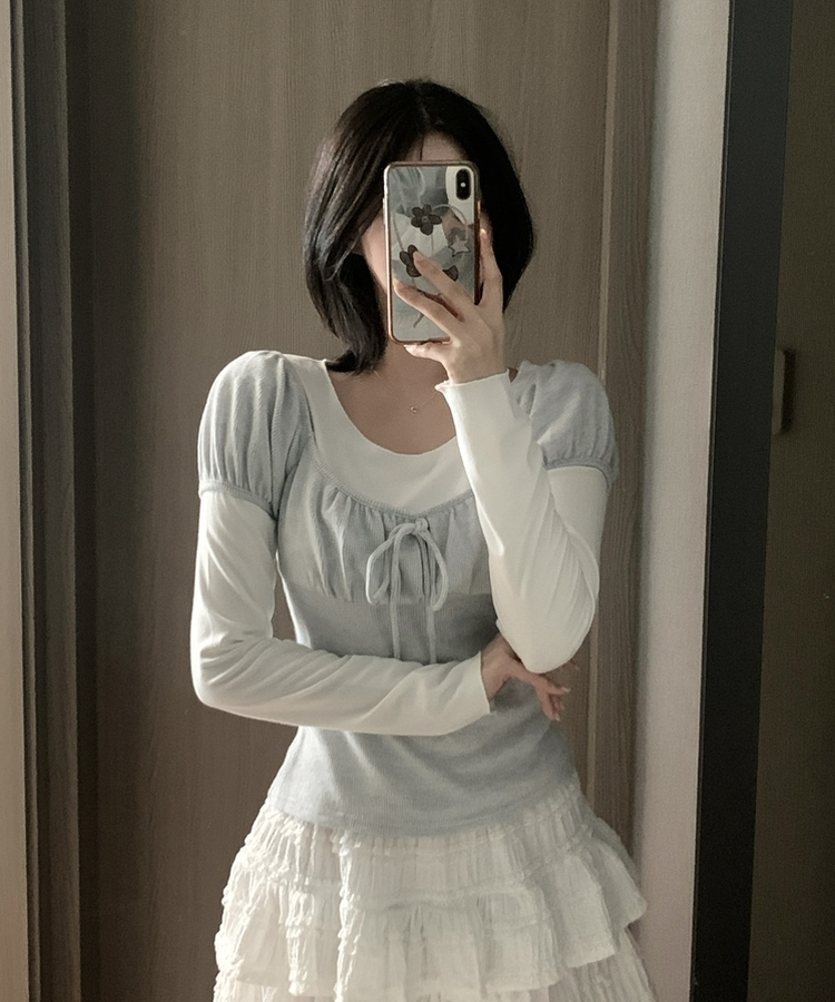 【SET】リボンレイヤード半袖ニットTシャツ GREY