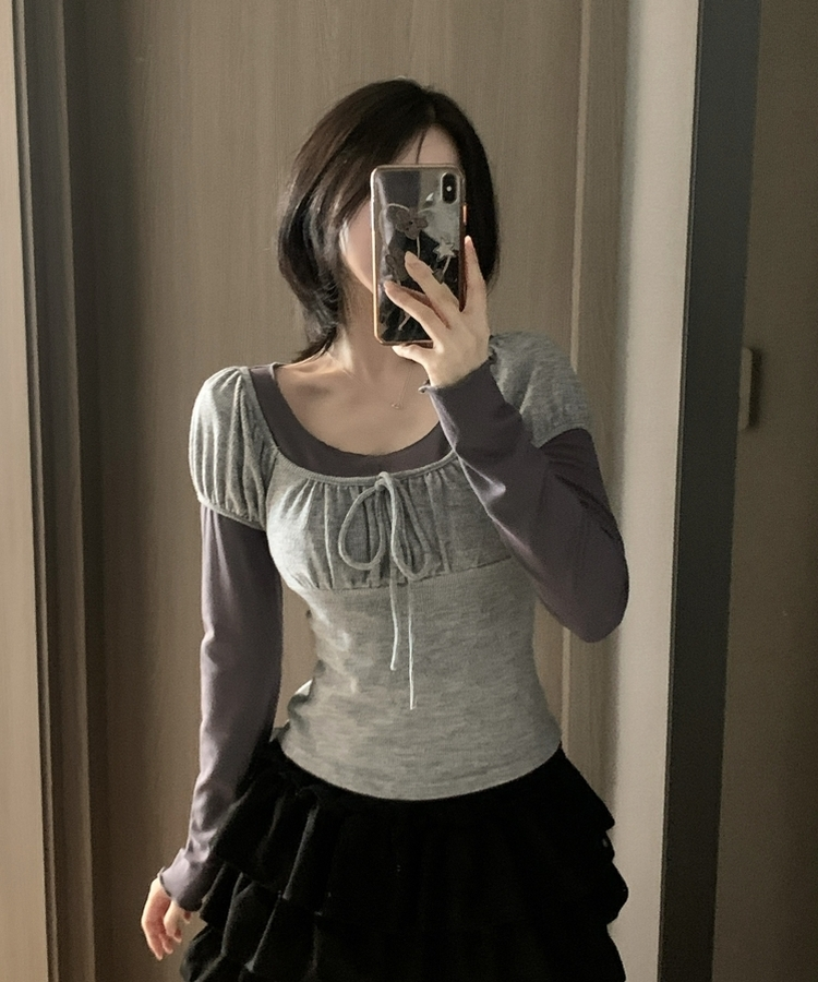 【SET】リボンレイヤード半袖ニットTシャツ CHARCOAL