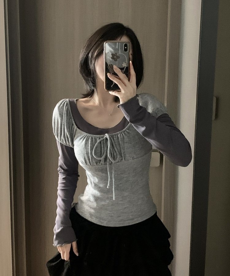 【SET】リボンレイヤード半袖ニットTシャツ CHARCOAL