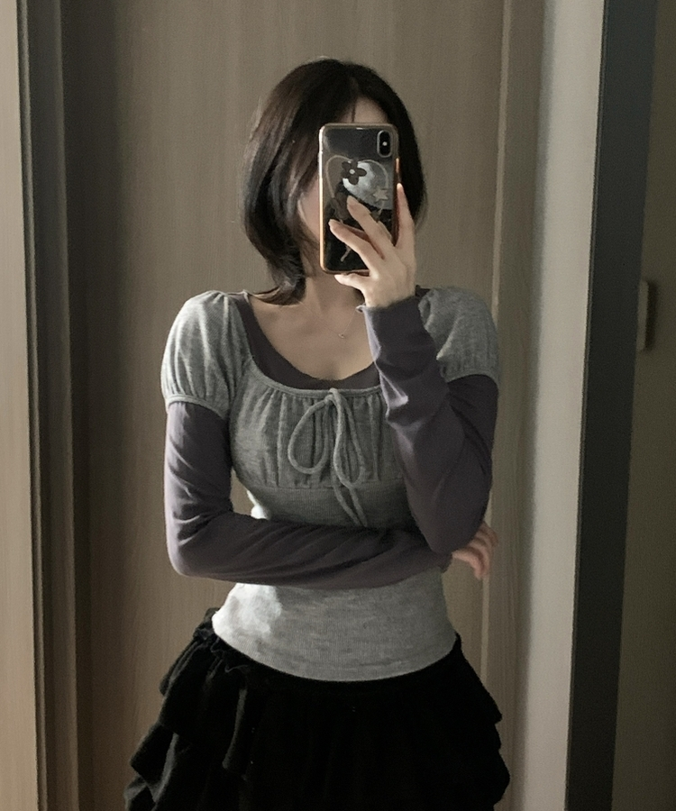 【SET】リボンレイヤード半袖ニットTシャツ CHARCOAL