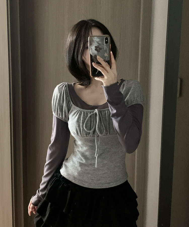 【SET】リボンレイヤード半袖ニットTシャツ CHARCOAL