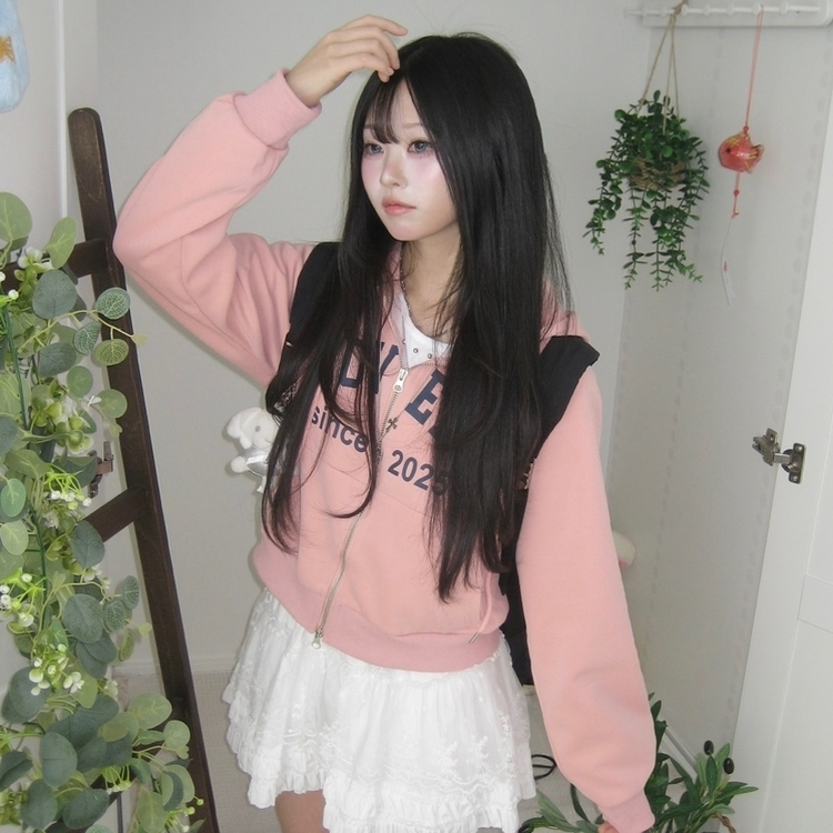 교복위에 툭 세미크롭 빈티지 레터링 러블리 후드집업 교복 아우터 봄 가을 학생 꾸안꾸 캐주얼 개강 개학 핑크