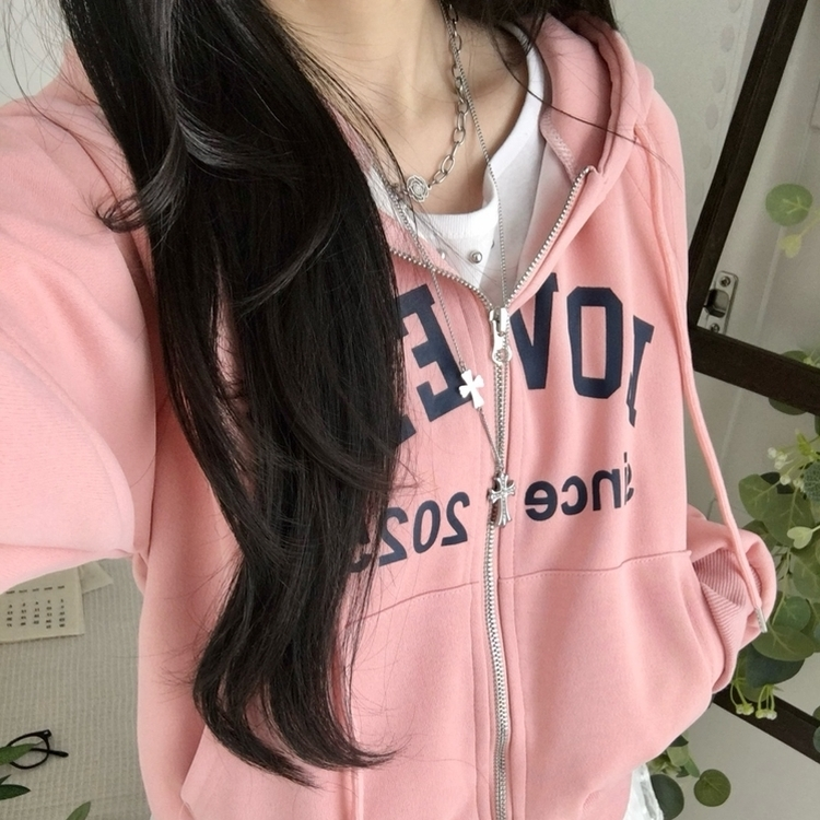 교복위에 툭 세미크롭 빈티지 레터링 러블리 후드집업 교복 아우터 봄 가을 학생 꾸안꾸 캐주얼 개강 개학 핑크
