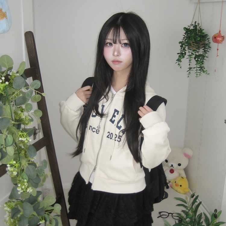 교복위에 툭 세미크롭 빈티지 레터링 러블리 후드집업 교복 아우터 봄 가을 학생 꾸안꾸 캐주얼 개강 개학 아이보리