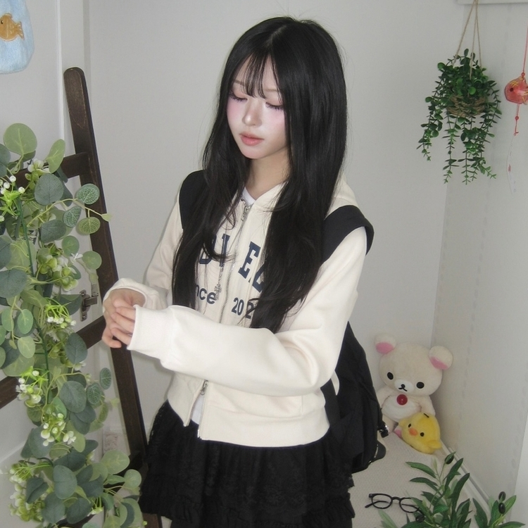 교복위에 툭 세미크롭 빈티지 레터링 러블리 후드집업 교복 아우터 봄 가을 학생 꾸안꾸 캐주얼 개강 개학 아이보리