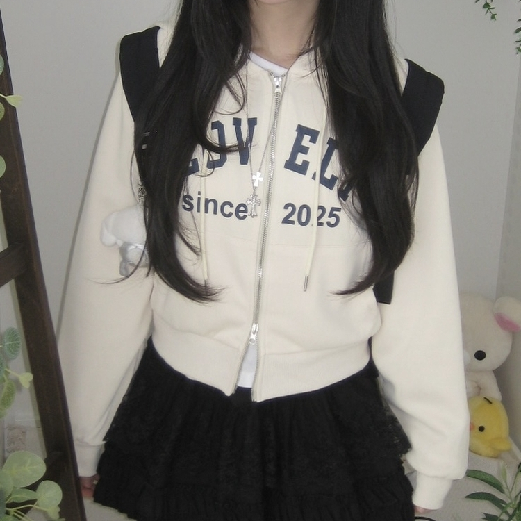 교복위에 툭 세미크롭 빈티지 레터링 러블리 후드집업 교복 아우터 봄 가을 학생 꾸안꾸 캐주얼 개강 개학 아이보리