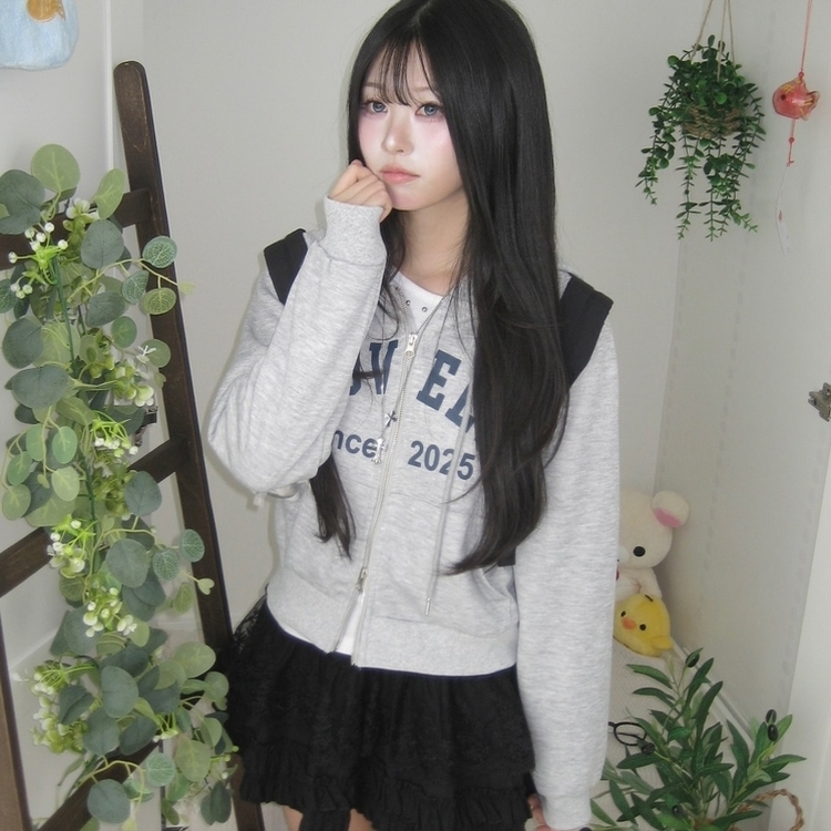 교복위에 툭 세미크롭 빈티지 레터링 러블리 후드집업 교복 아우터 봄 가을 학생 꾸안꾸 캐주얼 개강 개학 그레이