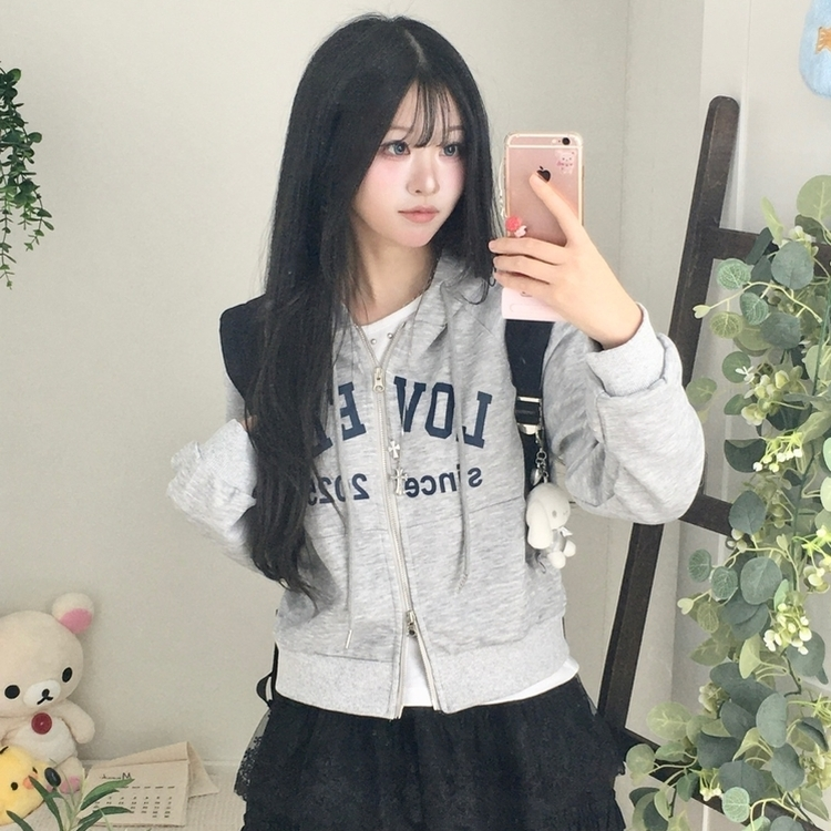 교복위에 툭 세미크롭 빈티지 레터링 러블리 후드집업 교복 아우터 봄 가을 학생 꾸안꾸 캐주얼 개강 개학 그레이