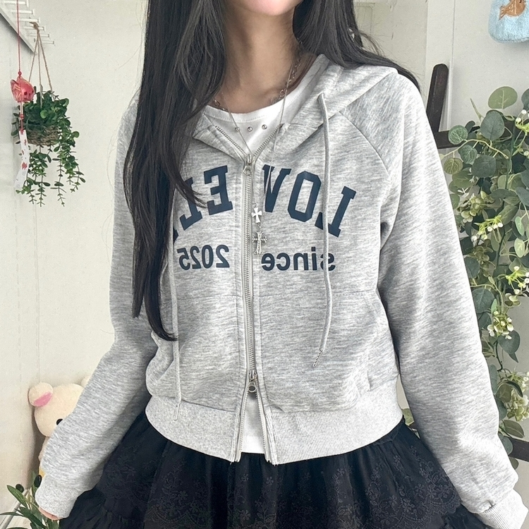 교복위에 툭 세미크롭 빈티지 레터링 러블리 후드집업 교복 아우터 봄 가을 학생 꾸안꾸 캐주얼 개강 개학 그레이