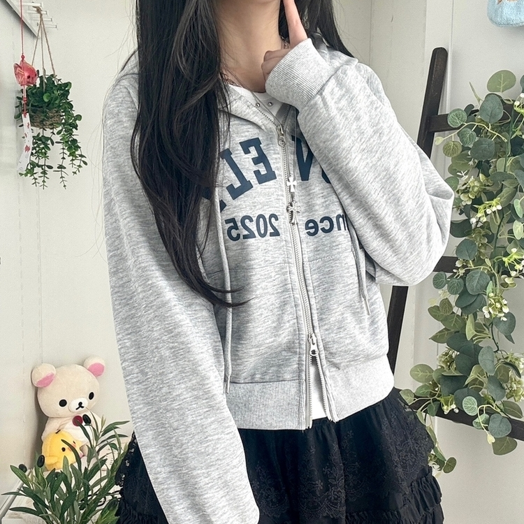 교복위에 툭 세미크롭 빈티지 레터링 러블리 후드집업 교복 아우터 봄 가을 학생 꾸안꾸 캐주얼 개강 개학 그레이