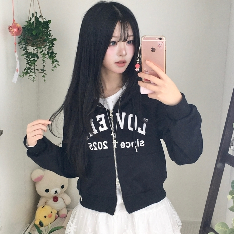 교복위에 툭 세미크롭 빈티지 레터링 러블리 후드집업 교복 아우터 봄 가을 학생 꾸안꾸 캐주얼 개강 개학 블랙