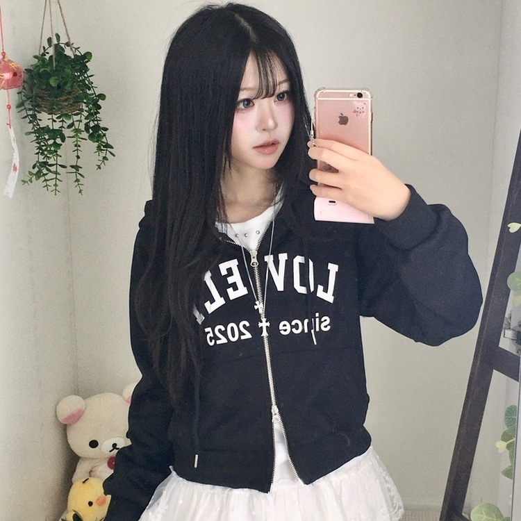 교복위에 툭 세미크롭 빈티지 레터링 러블리 후드집업 교복 아우터 봄 가을 학생 꾸안꾸 캐주얼 개강 개학 블랙