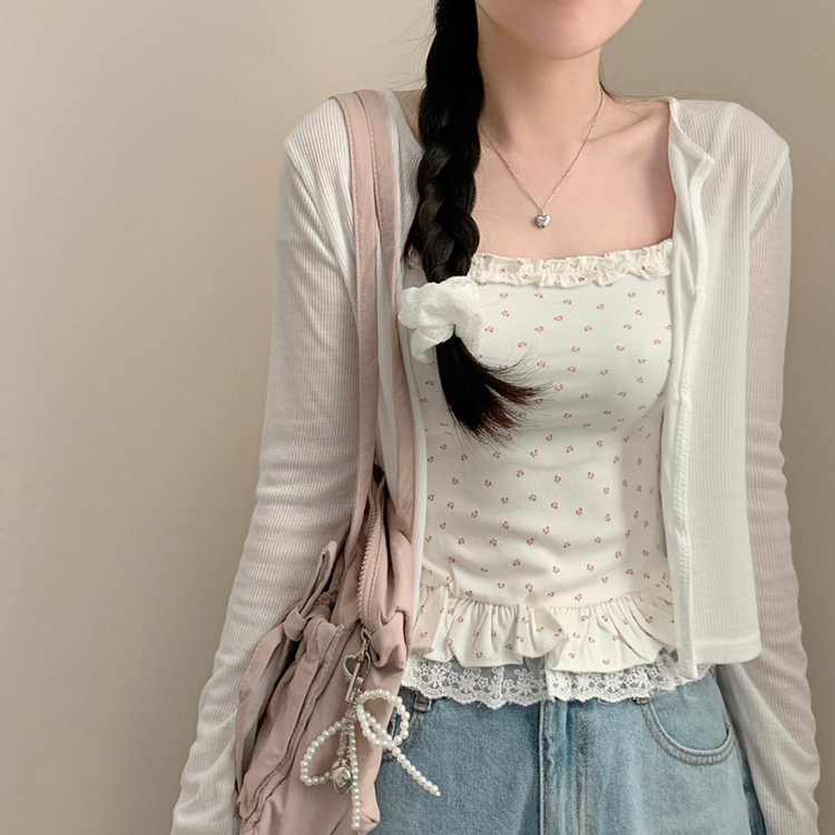 리보니 패턴 레이스 프릴 끈나시 긴팔 골지 가디건 세트 봄 봄옷 상의 봄아우터 나시 민소매 여름 여름옷 화이트