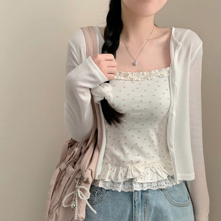 리보니 패턴 레이스 프릴 끈나시 긴팔 골지 가디건 세트 봄 봄옷 상의 봄아우터 나시 민소매 여름 여름옷 화이트
