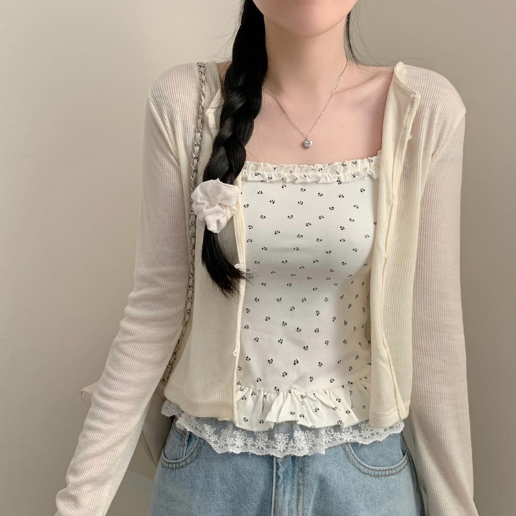 리보니 패턴 레이스 프릴 끈나시 긴팔 골지 가디건 세트 봄 봄옷 상의 봄아우터 나시 민소매 여름 여름옷 베이지