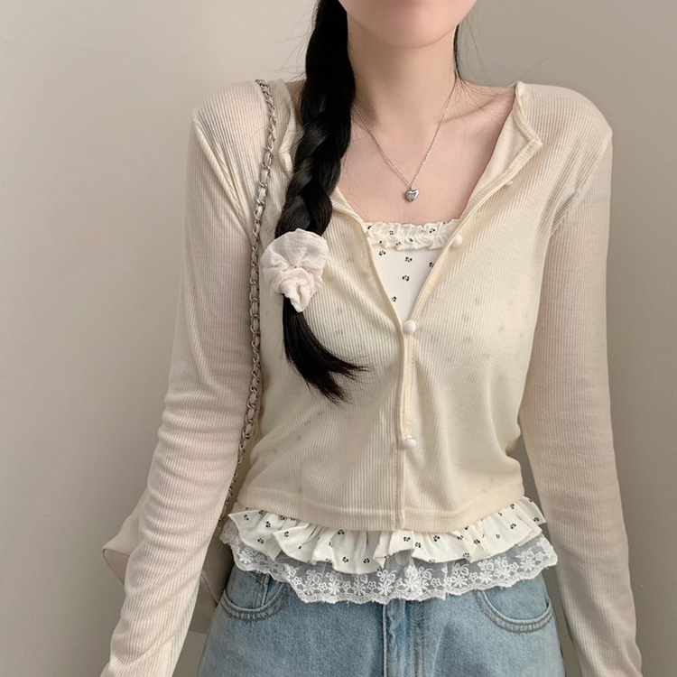 리보니 패턴 레이스 프릴 끈나시 긴팔 골지 가디건 세트 봄 봄옷 상의 봄아우터 나시 민소매 여름 여름옷 베이지