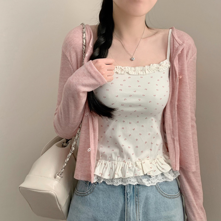 리보니 패턴 레이스 프릴 끈나시 긴팔 골지 가디건 세트 봄 봄옷 상의 봄아우터 나시 민소매 여름 여름옷 핑크