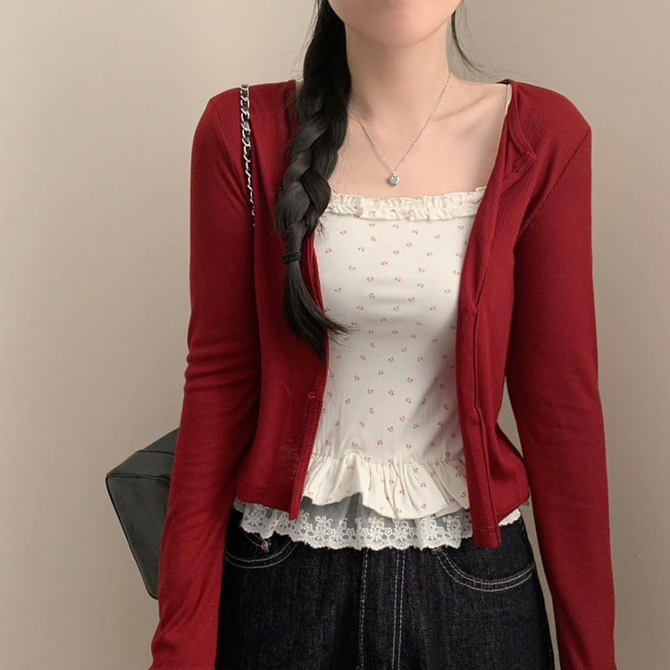 리보니 패턴 레이스 프릴 끈나시 긴팔 골지 가디건 세트 봄 봄옷 상의 봄아우터 나시 민소매 여름 여름옷 레드