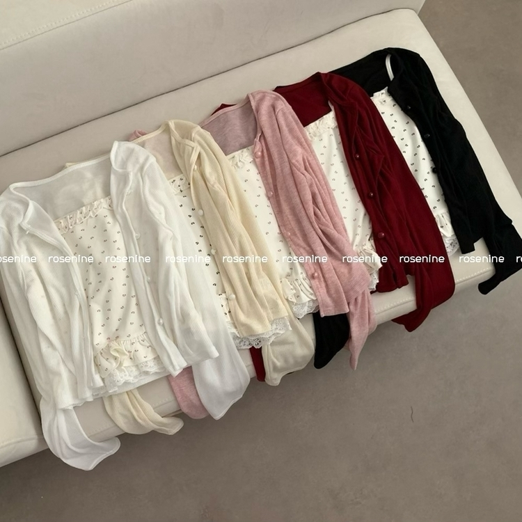 리보니 패턴 레이스 프릴 끈나시 긴팔 골지 가디건 세트 봄 봄옷 상의 봄아우터 나시 민소매 여름 여름옷