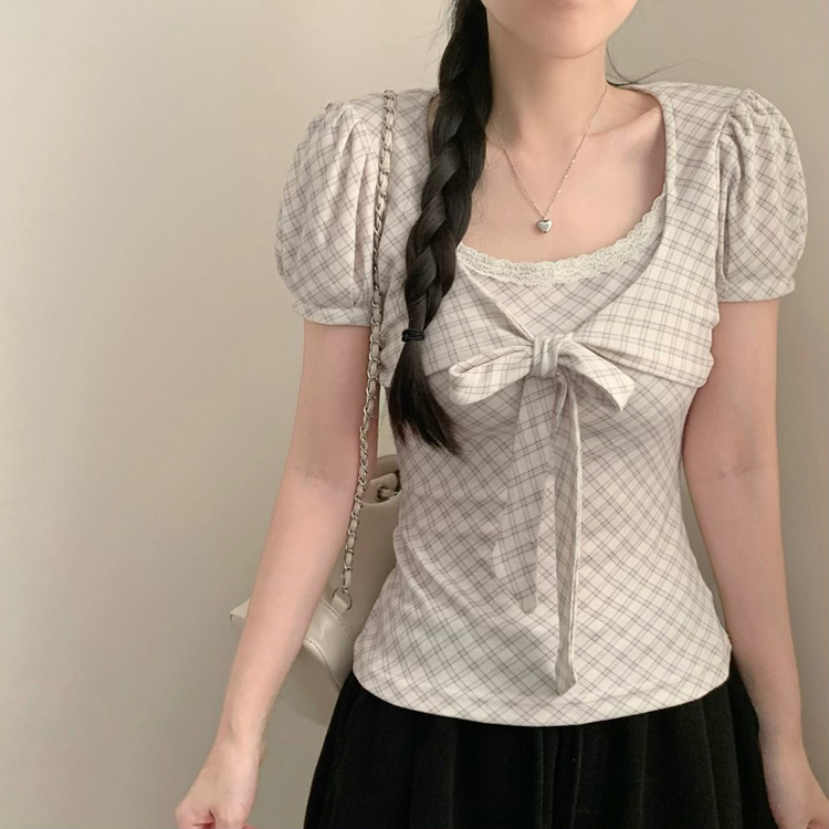 코코 체크 리본 슬림핏 퍼프소매 반팔 반소매티셔츠 반팔티 모리걸 빈티지 리본티 에겐 상의 화이트