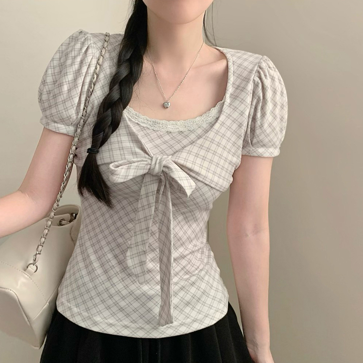 코코 체크 리본 슬림핏 퍼프소매 반팔 반소매티셔츠 반팔티 모리걸 빈티지 리본티 에겐 상의 화이트