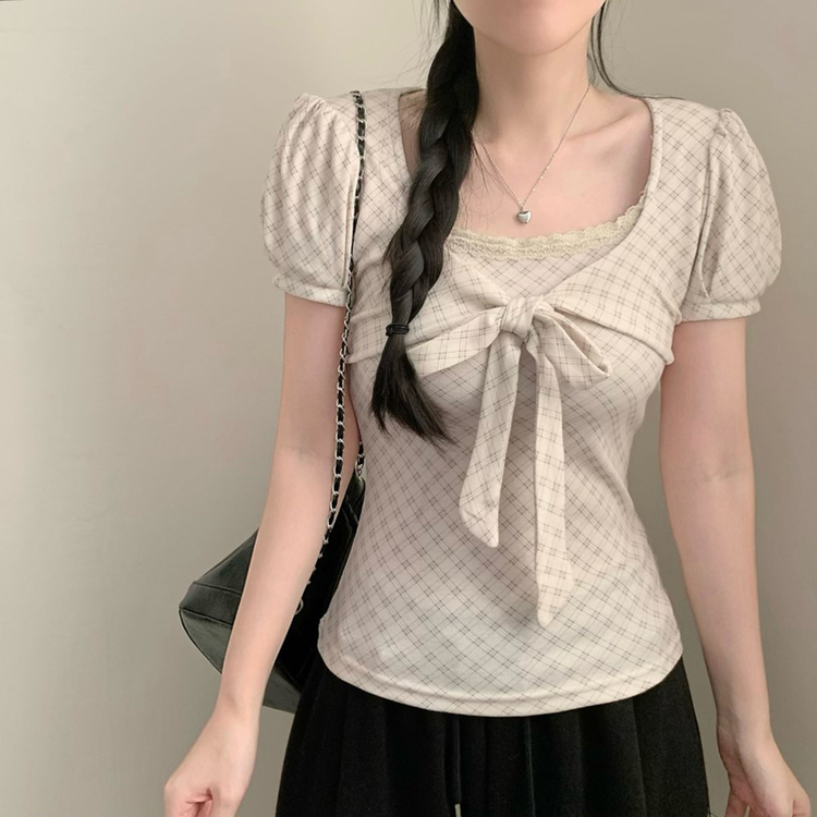 코코 체크 리본 슬림핏 퍼프소매 반팔 반소매티셔츠 반팔티 모리걸 빈티지 리본티 에겐 상의 베이지