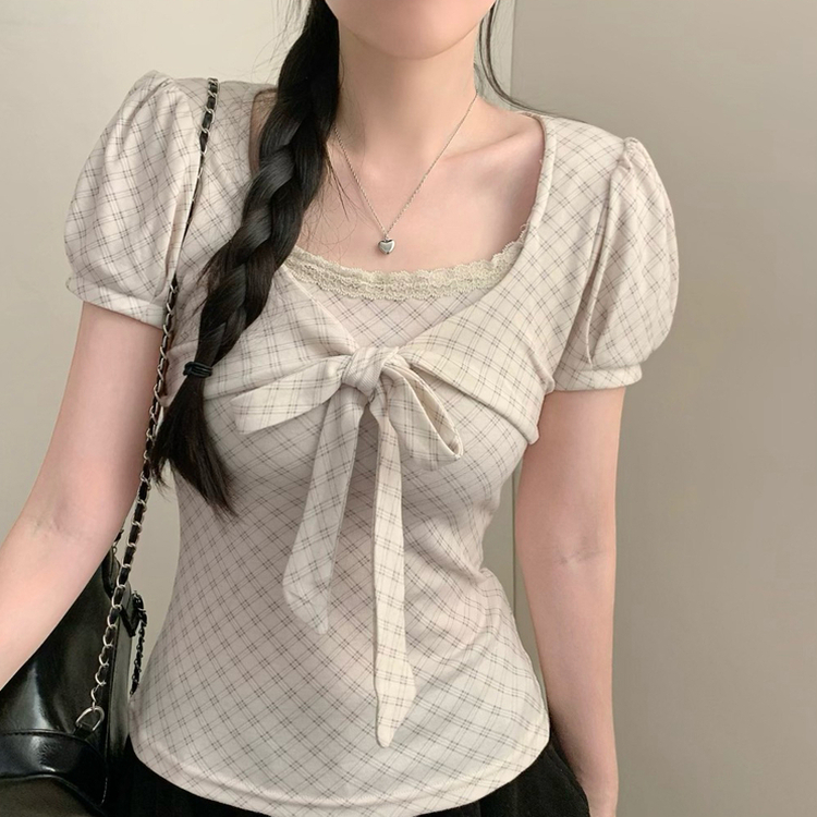 코코 체크 리본 슬림핏 퍼프소매 반팔 반소매티셔츠 반팔티 모리걸 빈티지 리본티 에겐 상의 베이지