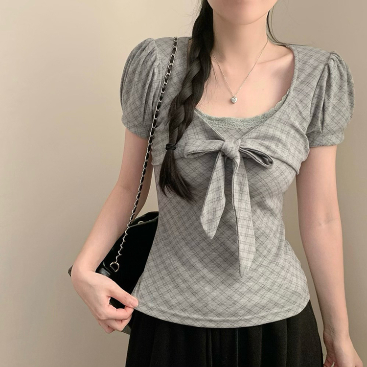 코코 체크 리본 슬림핏 퍼프소매 반팔 반소매티셔츠 반팔티 모리걸 빈티지 리본티 에겐 상의 그레이