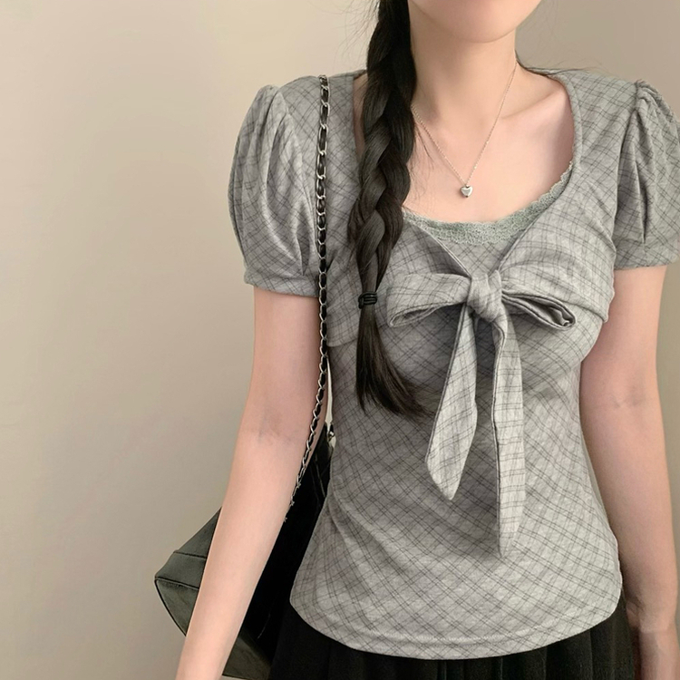 코코 체크 리본 슬림핏 퍼프소매 반팔 반소매티셔츠 반팔티 모리걸 빈티지 리본티 에겐 상의 그레이