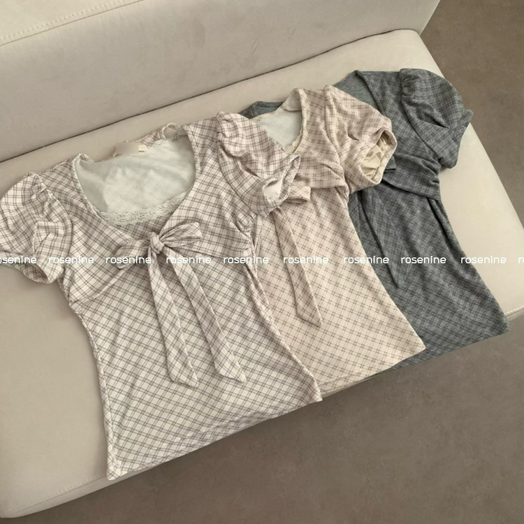 코코 체크 리본 슬림핏 퍼프소매 반팔 반소매티셔츠 반팔티 모리걸 빈티지 리본티 에겐 상의