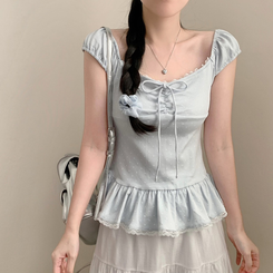 【タイ付き】ドットレースフリル半袖Tシャツ SKY BLUE